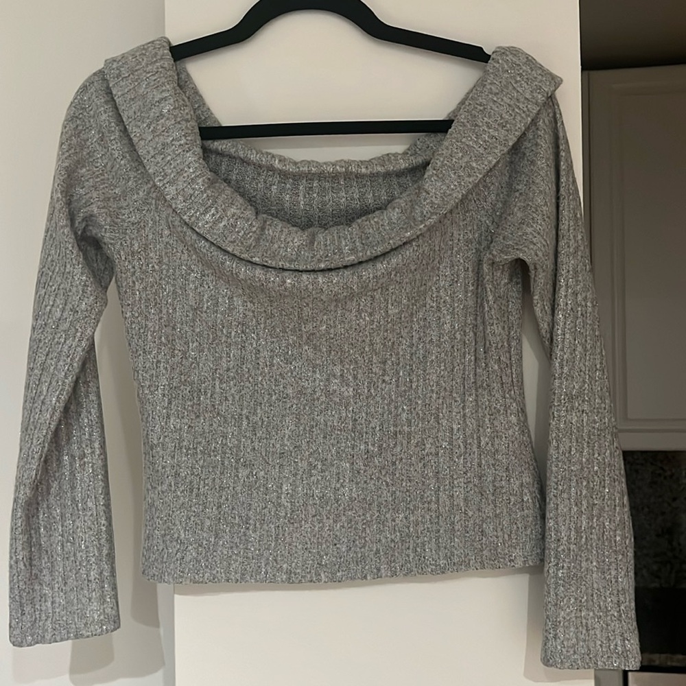 Silver sparkle off the shoulder top
